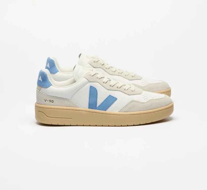 Tênis VEJA feminino V-90 couro branco e azul - Oficial