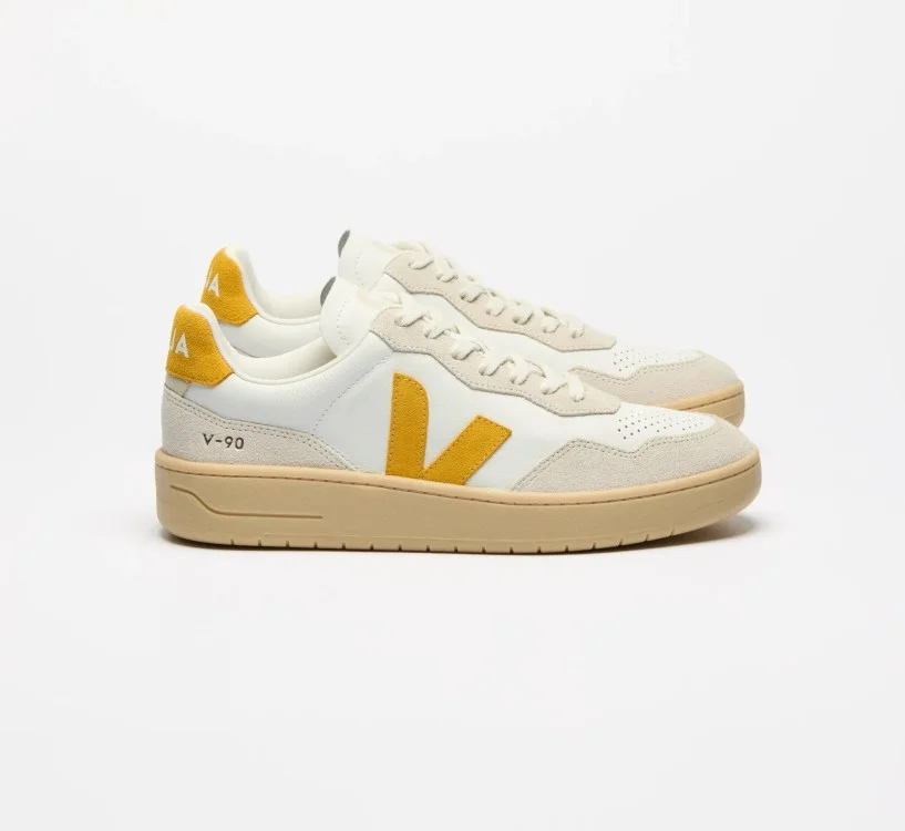Tênis VEJA feminino V-90 couro branco e caramelo - Oficial