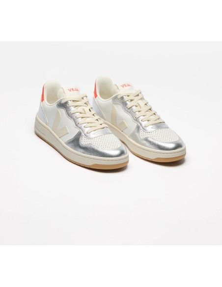 Tênis VEJA Feminino V-10 couro branco e prata VEJA - VERT