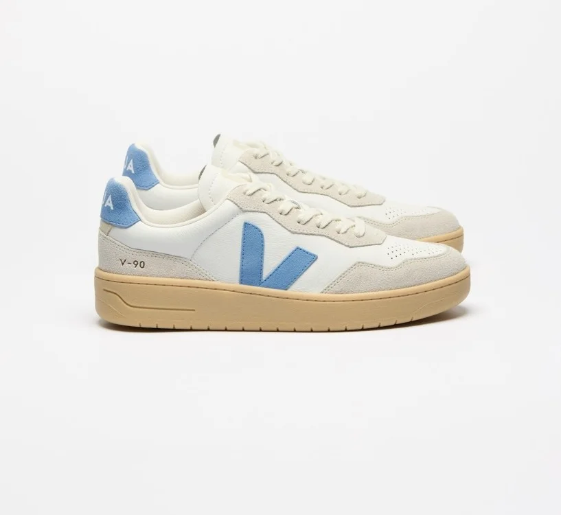 Tênis VEJA VERT Masculino V-90 Couro Branco Aqua Natural