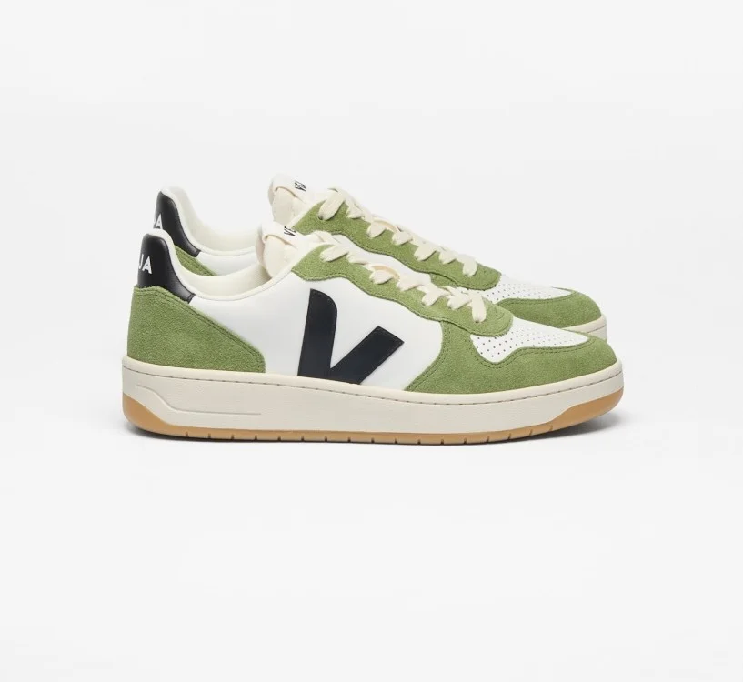 Tênis VEJA VERT Masculino V-10 Couro Branco Preto Verde Kiwi