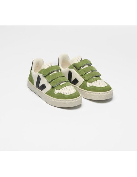 Tênis VEJA VERT Infantil V-10 Kid Couro Branco e Verde Kiwi
