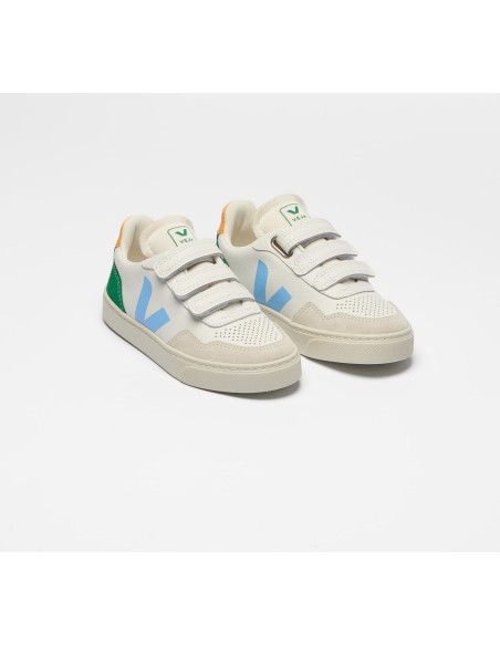 Tênis VEJA VERT Infantil V-90 Junior Couro Branco Aqua Emeraude