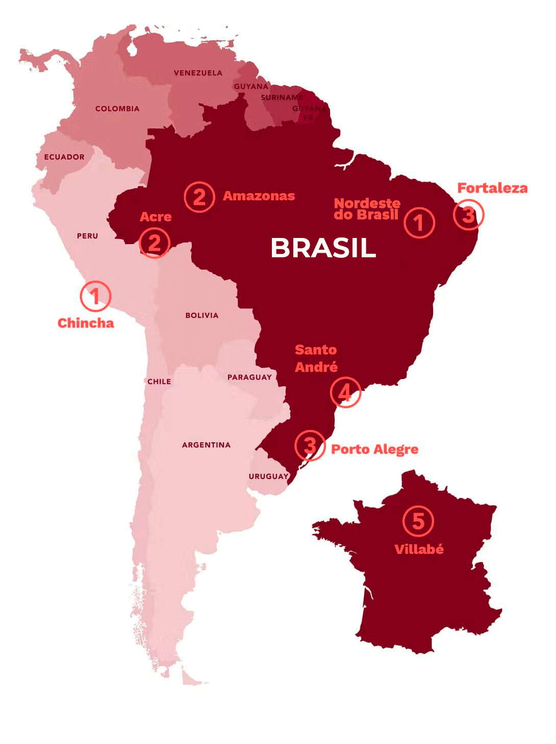 Mapa sinalizando os países que estão envolvidos na produção VERT/VEJA